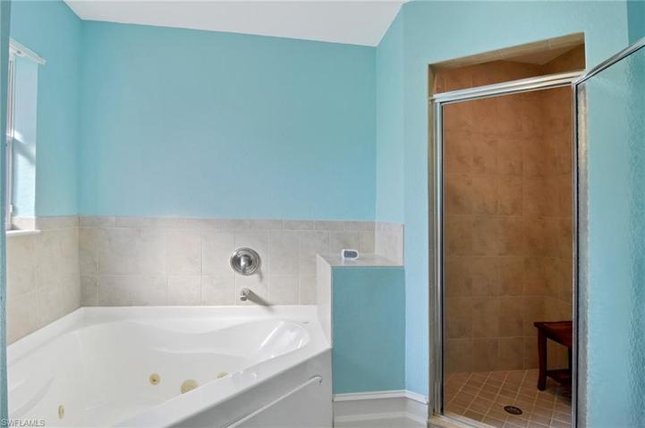 Master bath with jacuzzi tub and walk in tiled shower.