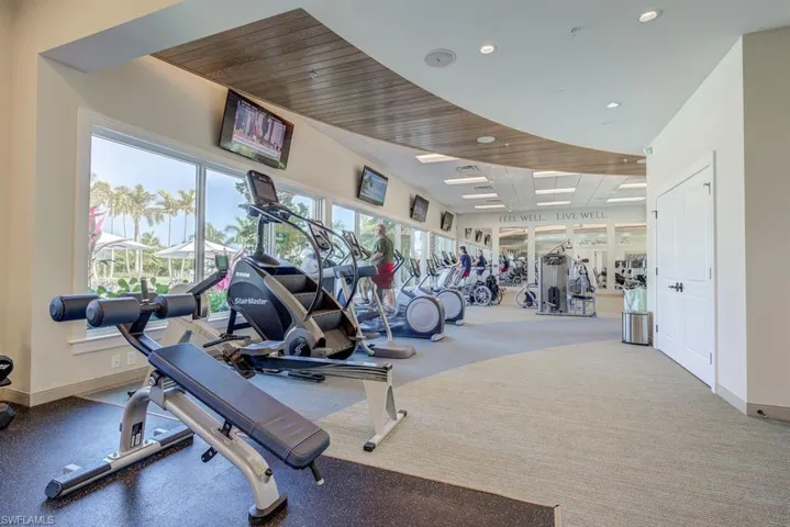 The fitness center offers free weights, treadmills, stair stepper, rowing machine, elliptical machines, bikes, weight machines and separate yoga room.