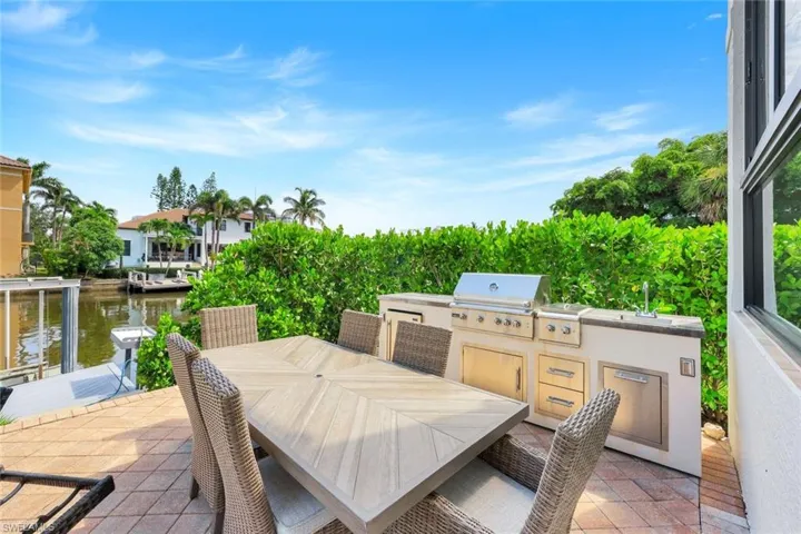 View of patio featuring an outdoor kitchen, outdoor dining area, and a water view