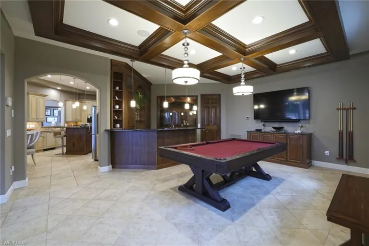 Playroom coffered ceiling, pool table, bar, wine room