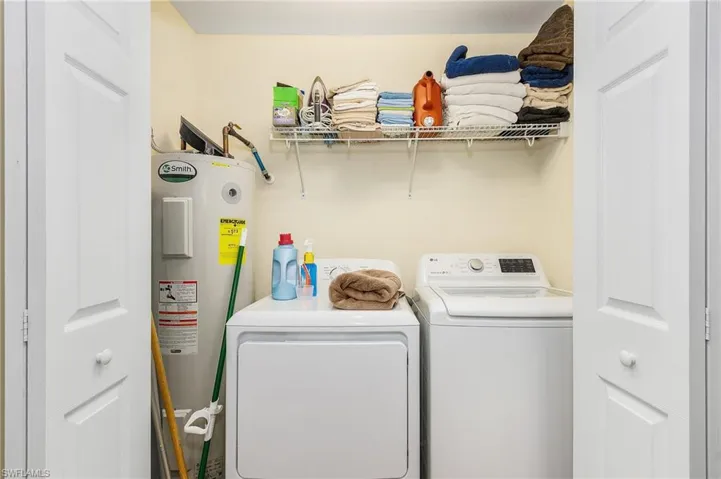 Laundry area with electric water heater and independent washer and dryer