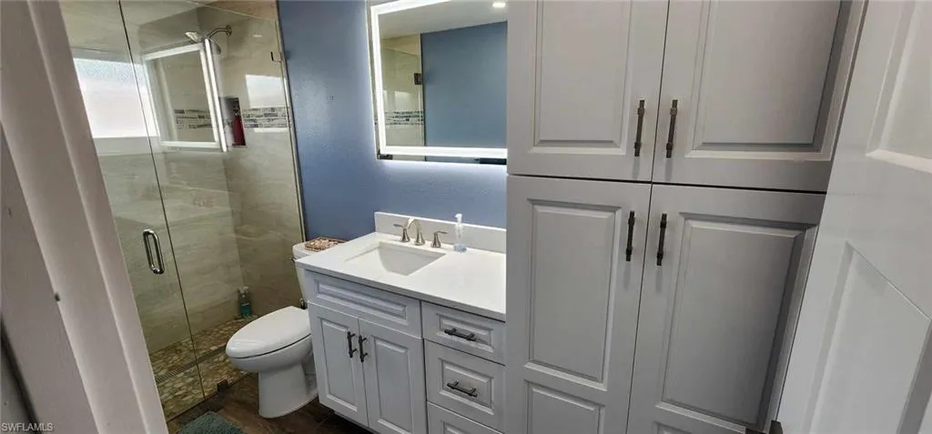 Bathroom featuring a stall shower, vanity, and toilet