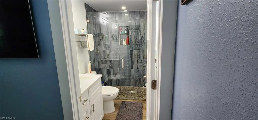 Bathroom with toilet, a shower stall, and vanity