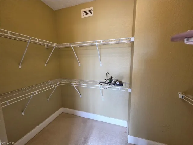 Walk in closet featuring light carpet