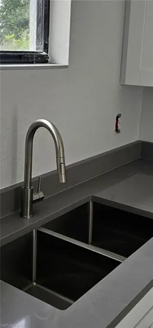 Room details featuring sink and white cabinets