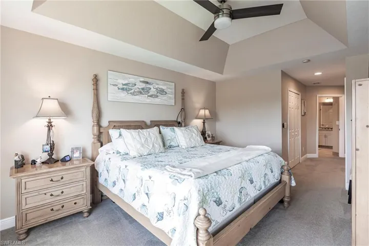 Carpeted bedroom with ensuite bathroom, ceiling fan, a raised ceiling, and a closet