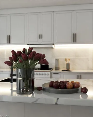 Details with white cabinetry, light stone countertops, and backsplash
