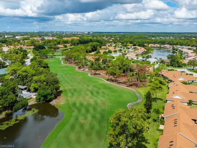 Aerial view looking back up Hole #6 on the Blue Course toward the tee boxes.
