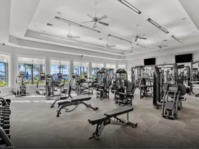 Exercise room with carpet flooring, a ceiling fan, and a tray ceiling