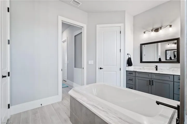 Bathroom with baseboards, visible vents, wood finished floors, vanity, and tiled tub
