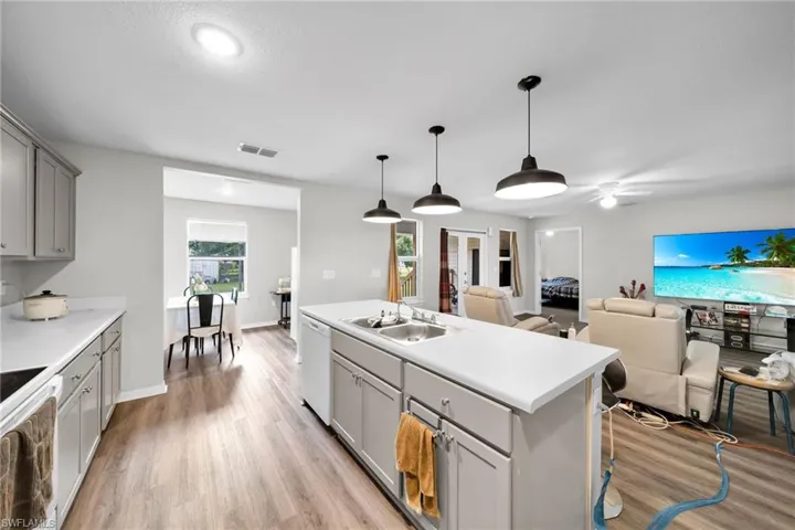 Kitchen featuring light hardwood / wood-style floors, sink, dishwasher, and gray cabinets