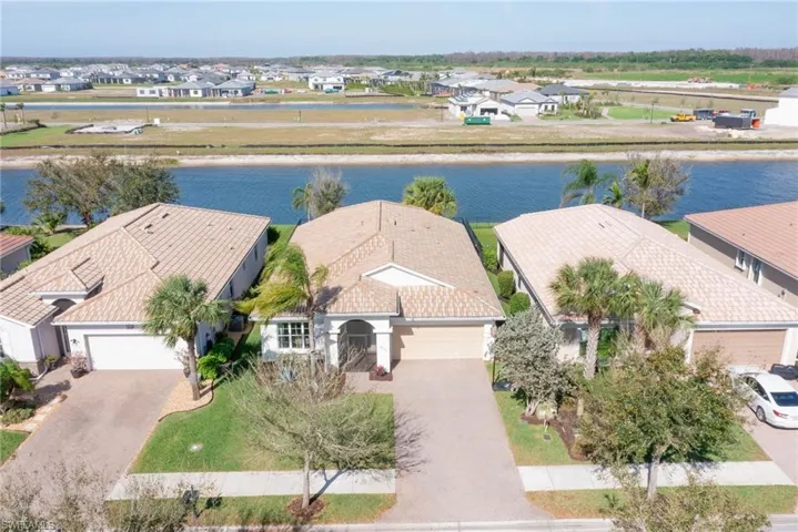 Birds eye view of property featuring a water view and a residential view