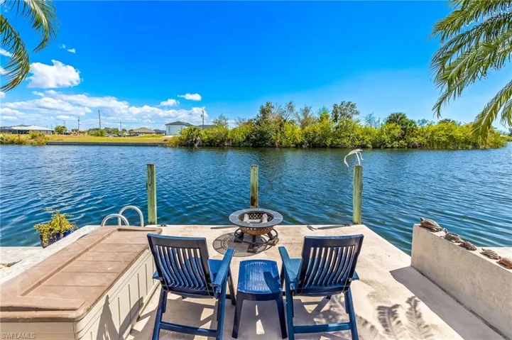 Dock with a fire pit and a water view