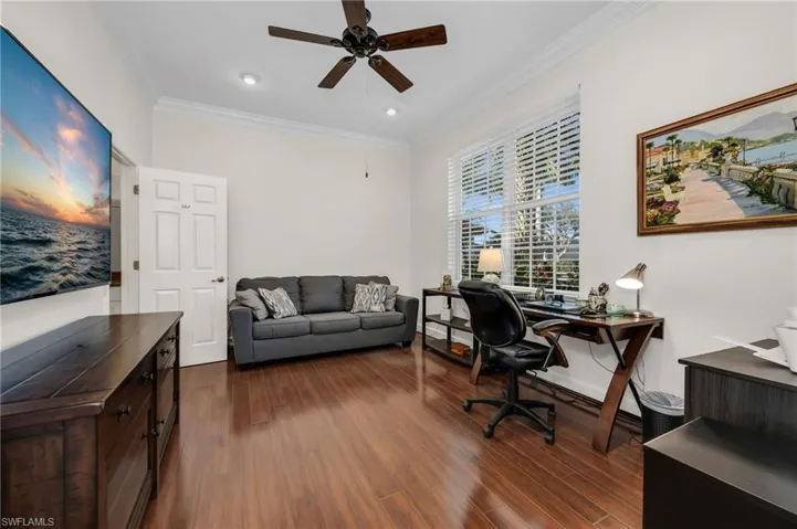 Office space with dark wood floors