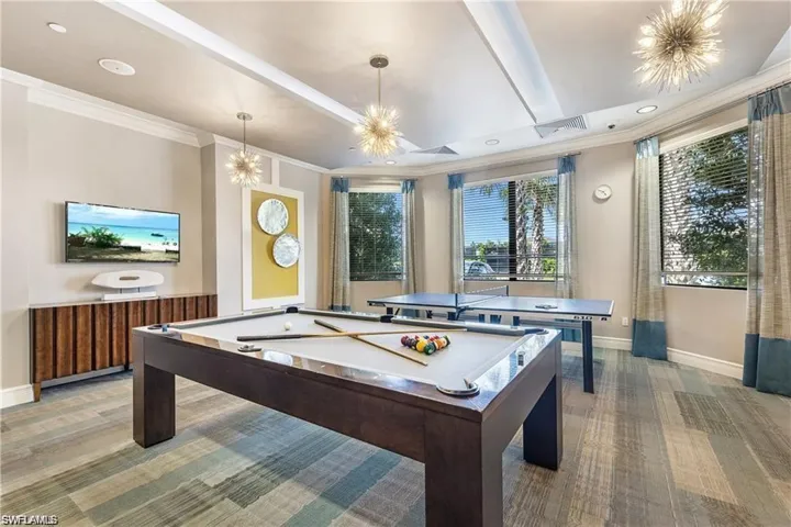 Game room with baseboards, crown molding, pool table, and recessed lighting