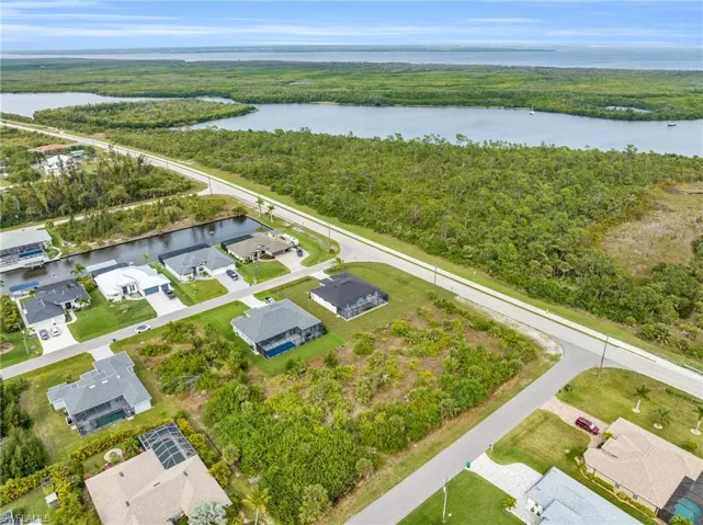 Aerial perspective of suburban area featuring a heavily wooded area and a large body of water