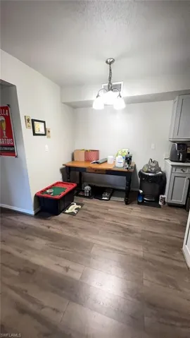 Spacious area featuring wood-finish flooring, light gray walls, and a multi-bulb ceiling fixture