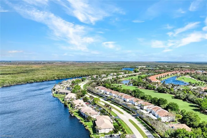 Birds eye view of property with a water view