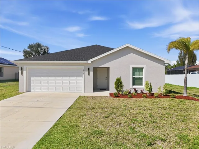 Ranch-style home featuring a garage, concrete driveway, stucco siding, and roof with shingles