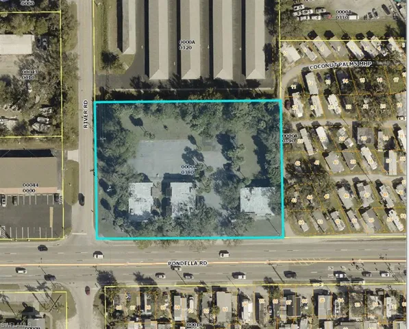 Aerial map of property and surrounding area featuring property boundaries highlighted