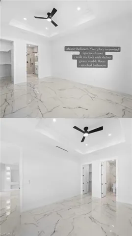 Polished stone flooring, recessed ceiling with crown molding, three-blade ceiling fan, and built-in closet shelving