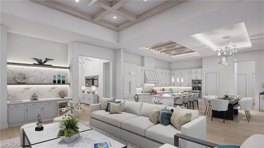 Living room with a high ceiling, coffered ceiling, an inviting chandelier, beamed ceiling, and light hardwood / wood-style floors