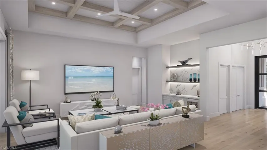 Kitchen with light wood-type flooring, coffered ceiling, sink, beamed ceiling, and white cabinetry