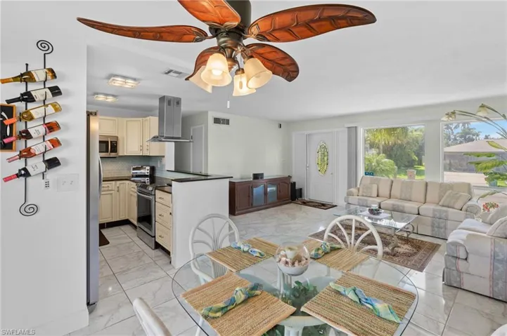 Dining space with ceiling fan