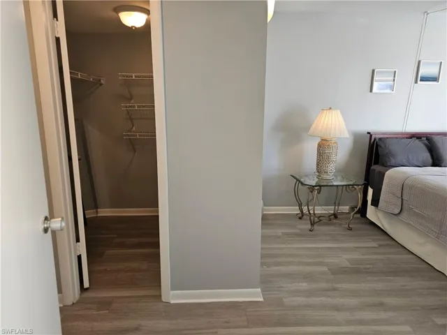 Bedroom with a walk in closet and light wood-type flooring