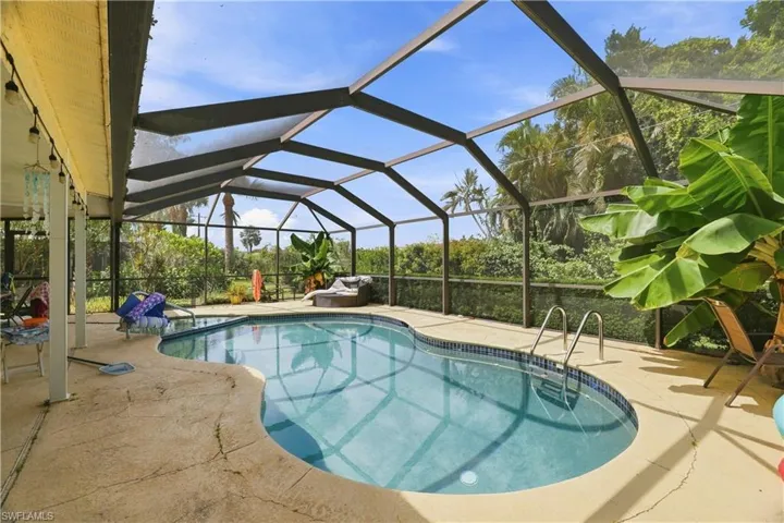 Screened enclosure featuring a freeform pool with integrated steps, concrete decking, and lush perimeter landscaping