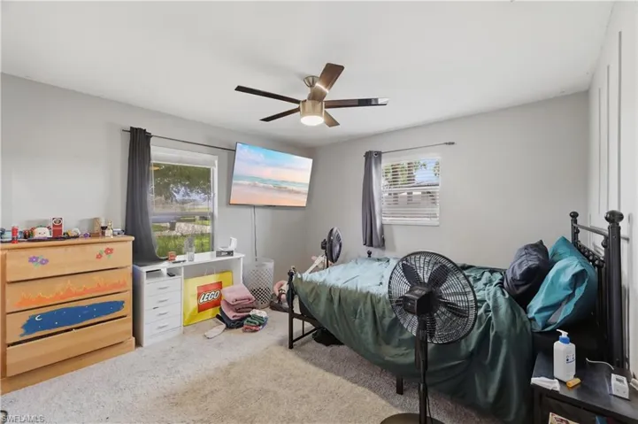 Wall-mounted television, ceiling fan with light fixture, two windows with blinds and curtains, and carpeted flooring
