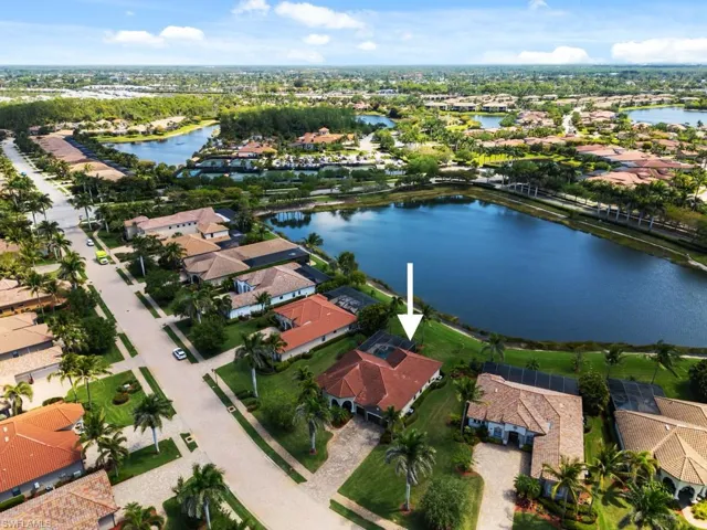 Birds eye view of property with a water view and a residential view