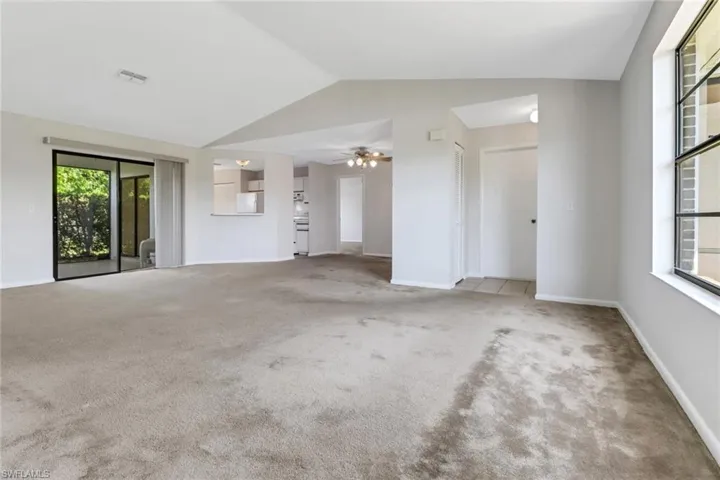 Spare room with baseboards, carpet, lofted ceiling, and a wealth of natural light