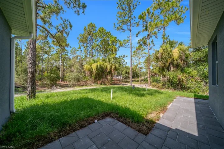Expansive backyard with a paver patio, lush green lawn, mature pine trees, and natural foliage