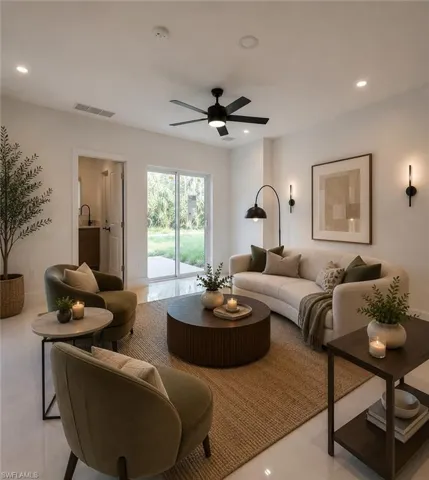 (AI Staged) Living area featuring white tile flooring, recessed lighting, and a contemporary ceiling fan