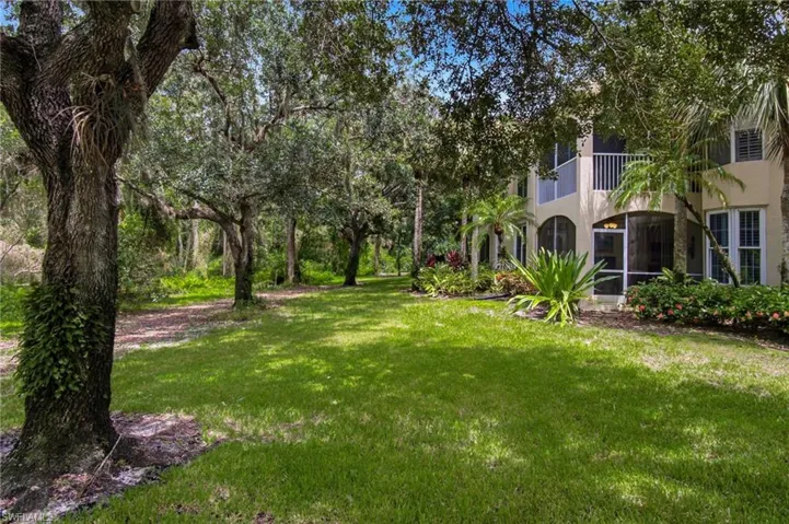 Expansive green lawn with mature trees and tropical landscaping