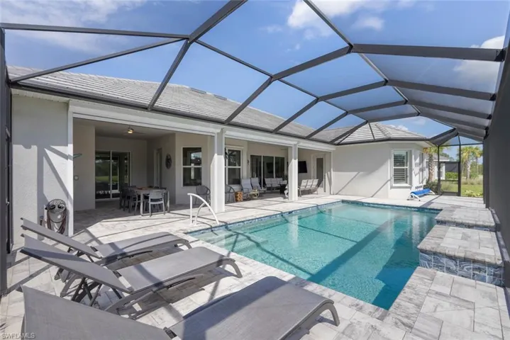 Pool featuring a patio and outdoor dining area