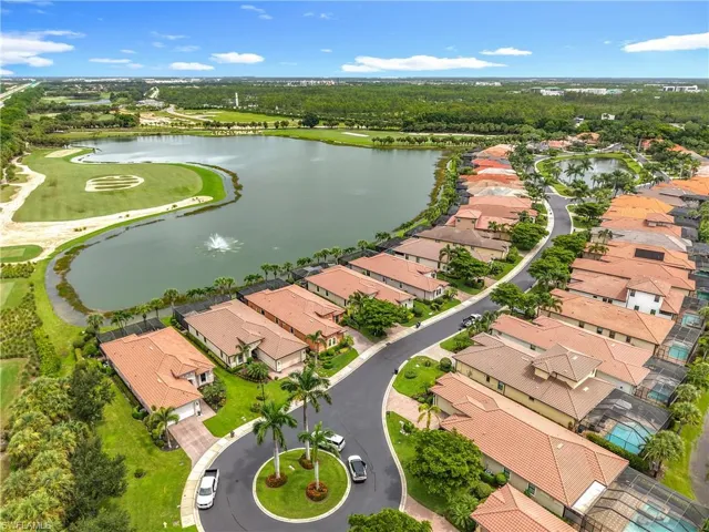 Aerial perspective showcasing a residential community with Mediterranean-style homes