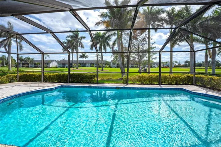 Pool with a lanai, a patio area, and a residential view