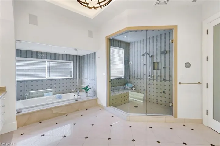 Primary bathroom with recessed tub and steam shower