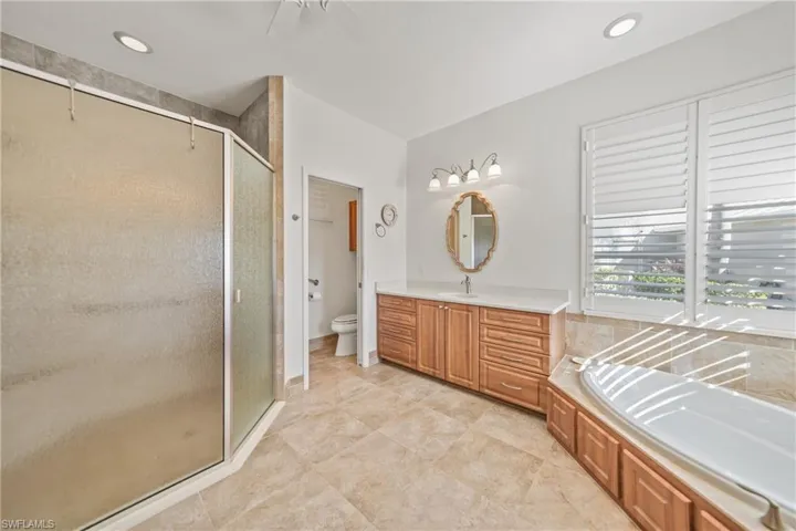 Full bathroom featuring toilet, vanity, and separate shower and tub