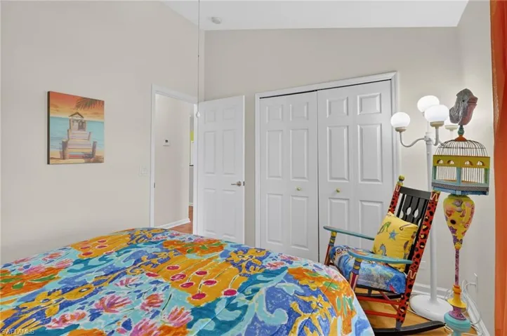 Bedroom with a closet and high vaulted ceiling