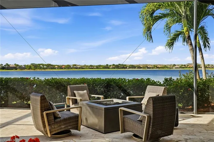 View of patio featuring an outdoor fire pit and a water view