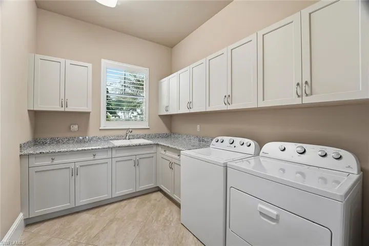 Laundry room with independent washer and dryer and cabinet space
