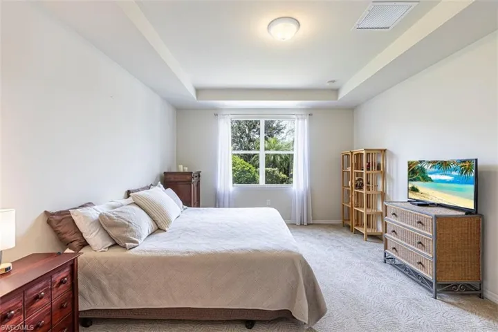 Carpeted bedroom with a tray ceiling