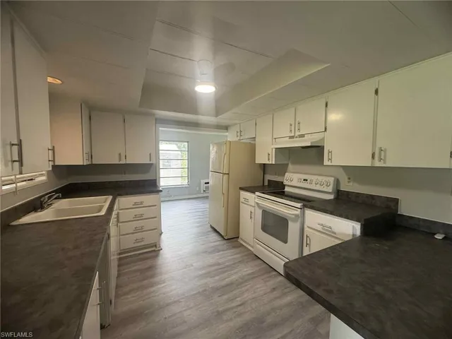 Kitchen featuring white appliances, under cabinet range hood, a tray ceiling, light wood-style flooring, and dark countertops