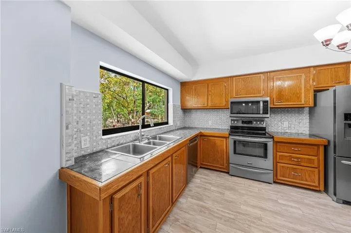 Kitchen with brown cabinetry, decorative backsplash, a sink, and appliances with stainless steel finishes