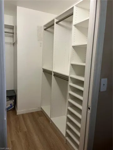 Spacious closet featuring dark wood-style flooring
