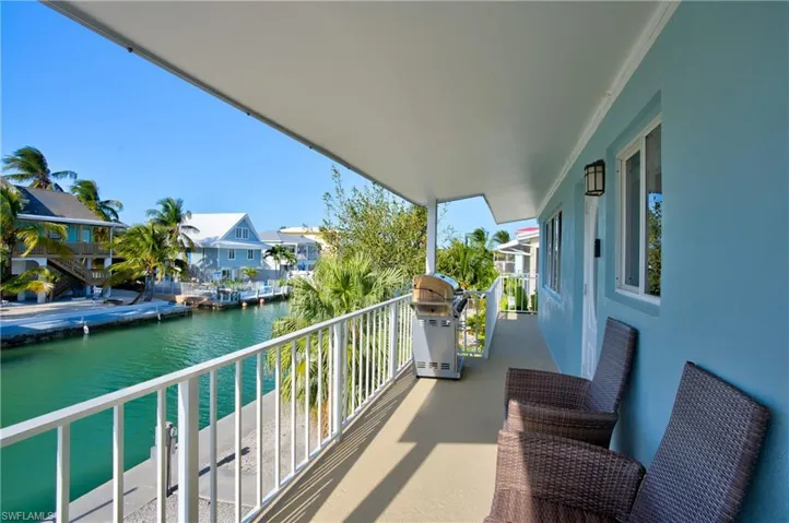 Balcony featuring grilling area, a water view, and a residential view