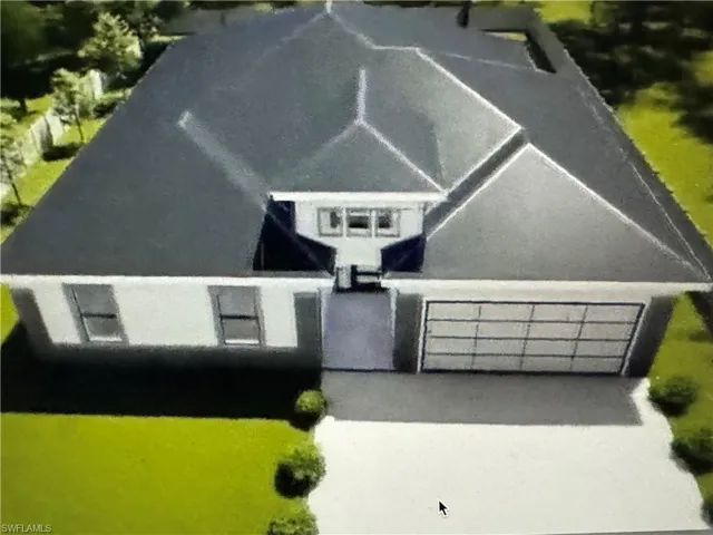 Prairie-style house featuring a garage, driveway, stucco siding, and a front yard